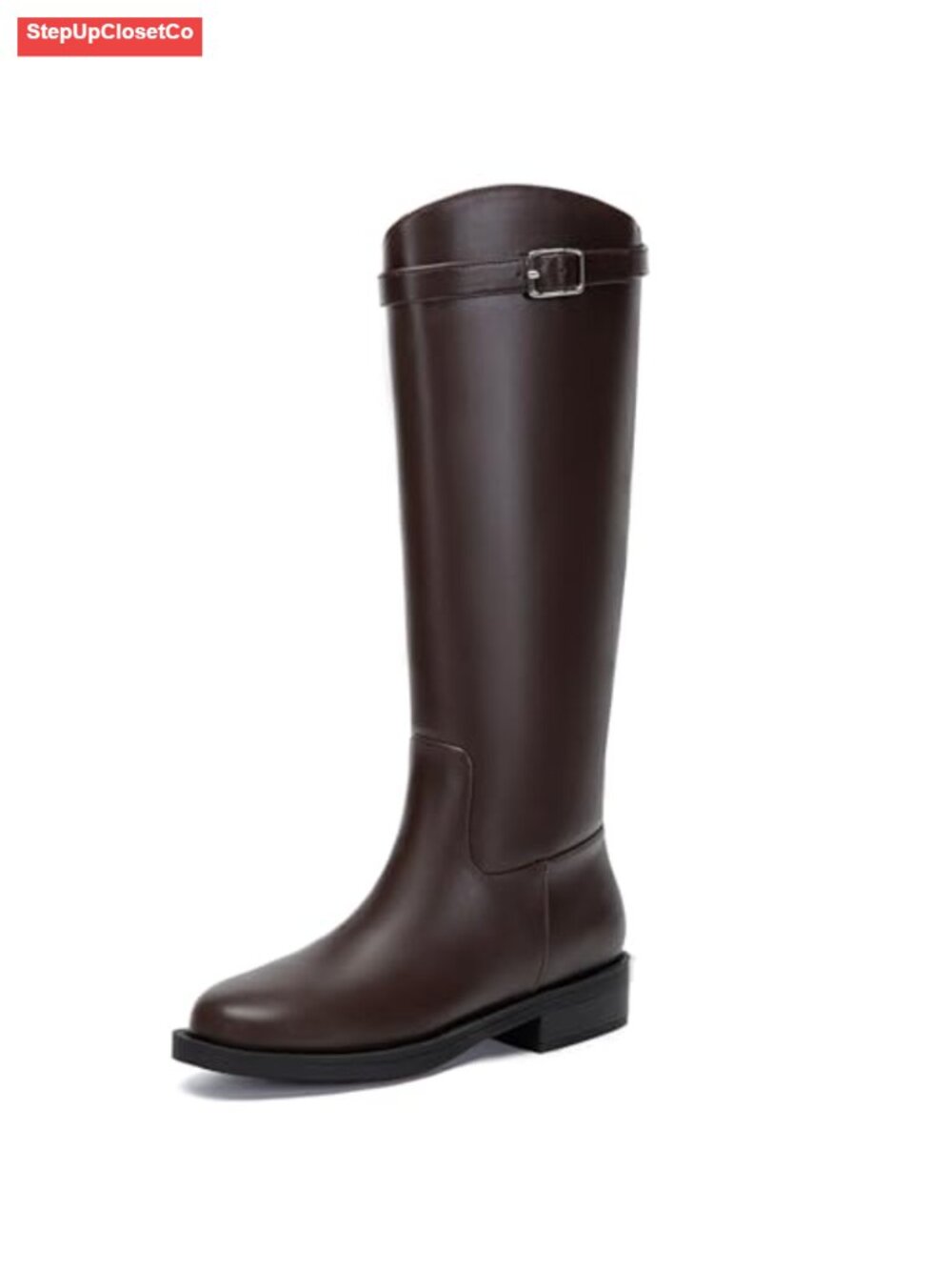 Women's Knee High Riding Boots Wide Calf Round Toe Low Heel Pull On with Buckle